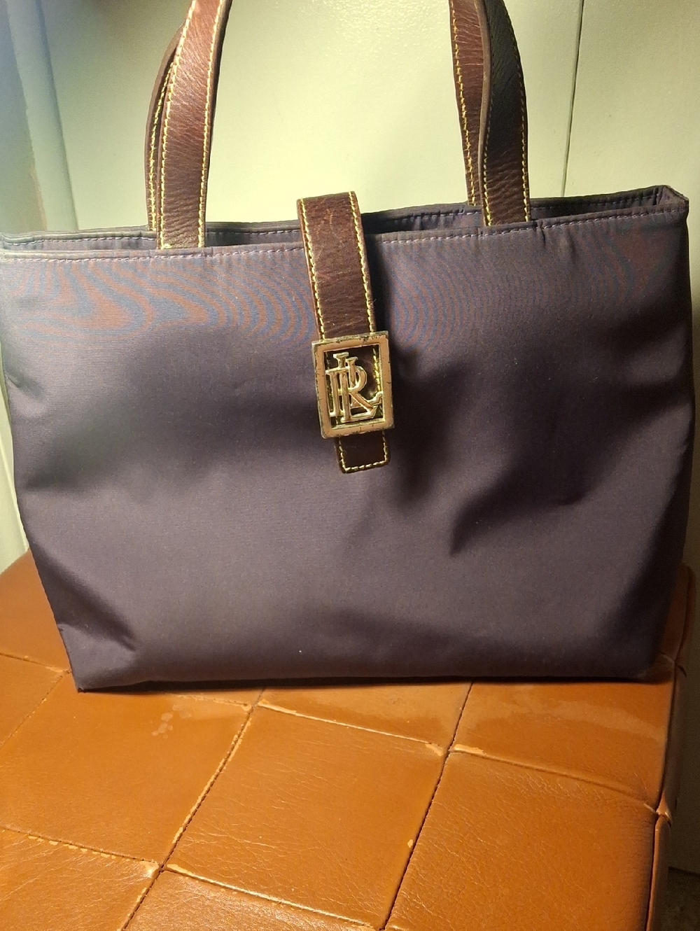 Ralph Lauren Plum Tote with Brown Leather Handles and Gold RL Emblem